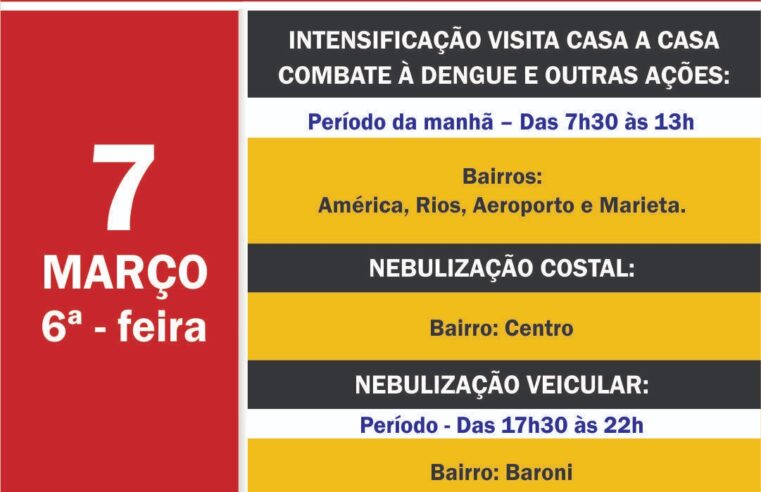Controle de Vetores tem trabalho agendado para sexta-feira, dia 7