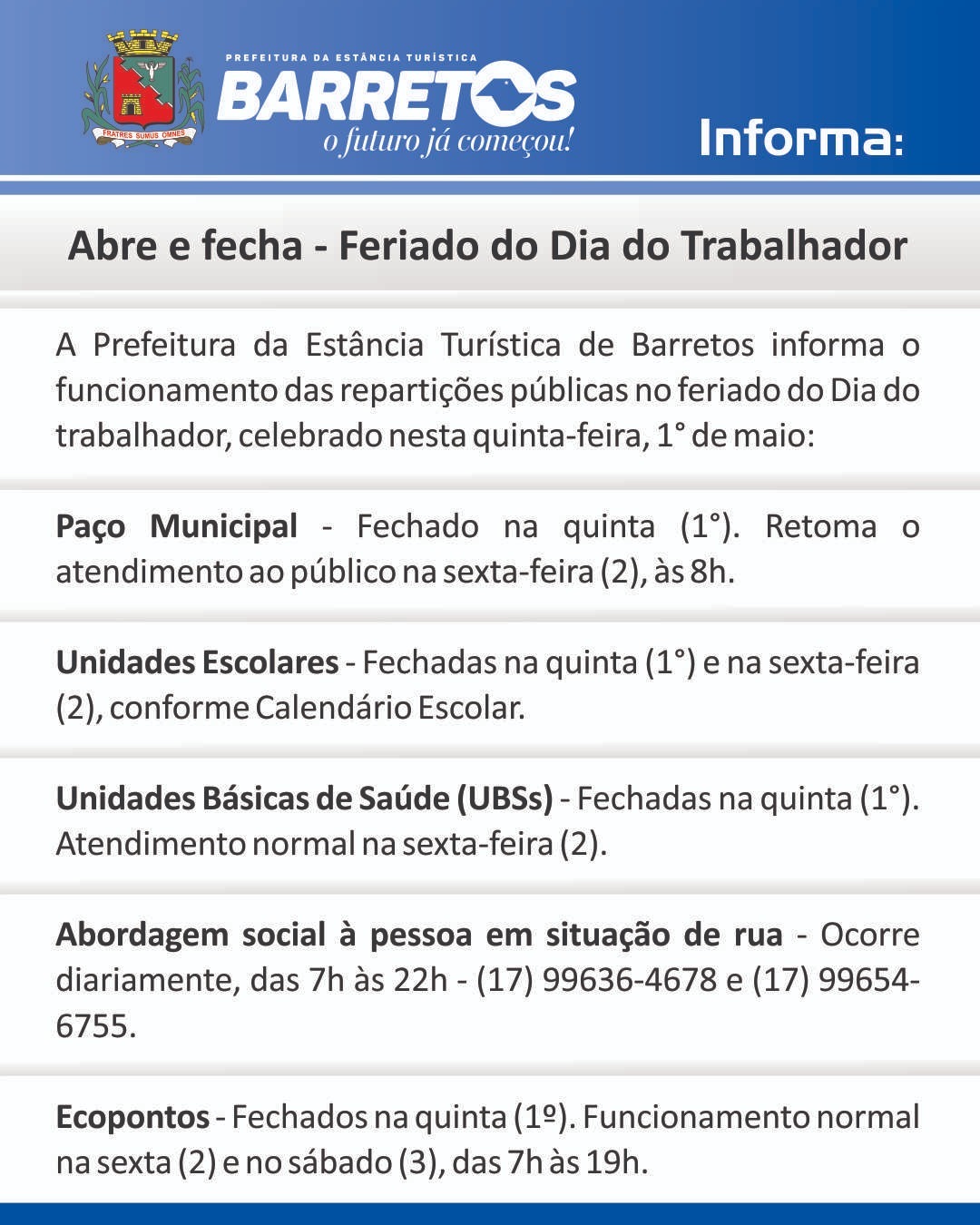 Prefeitura de Barretos divulga o abre e fecha no feriado do Dia do Trabalhador