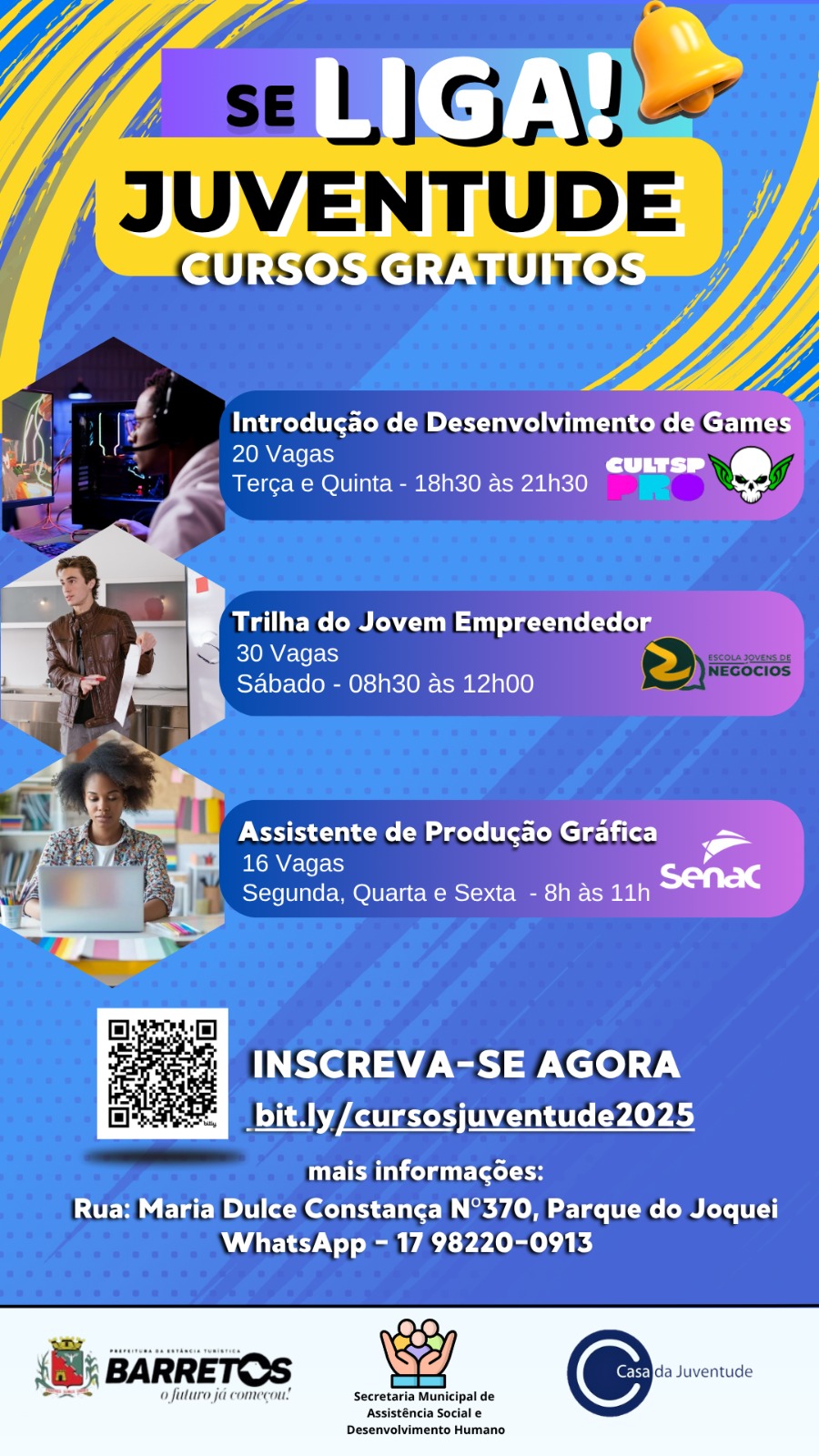 Casa da Juventude está com inscrições abertas para três cursos gratuitos