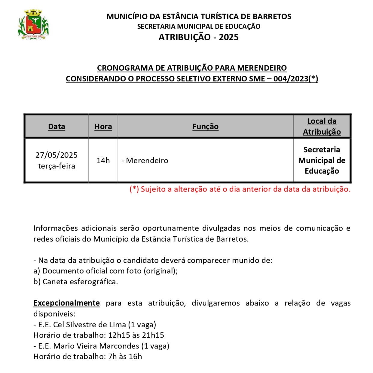 Secretaria de Educação faz nova atribuição para merendeiros