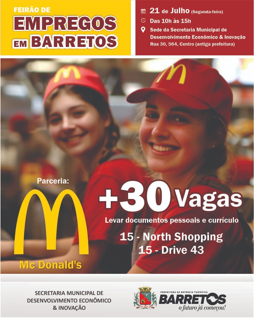 Feirão de Empregos do Mc Donald’s oferece 30 vagas