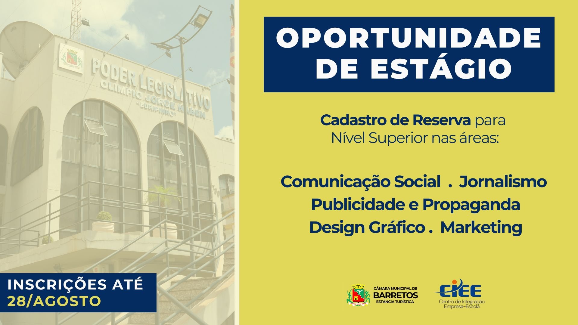 Câmara de Barretos reabre processo seletivo para estagiários de nível superior nas áreas de Comunicação