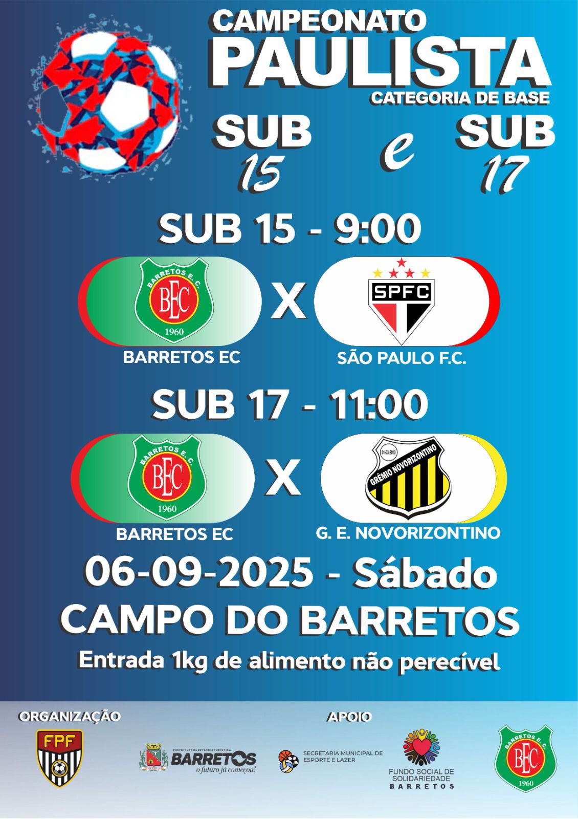 Tourinho recebe São Paulo e Novorizontino pelo Paulista Sub-15 e Sub-17 