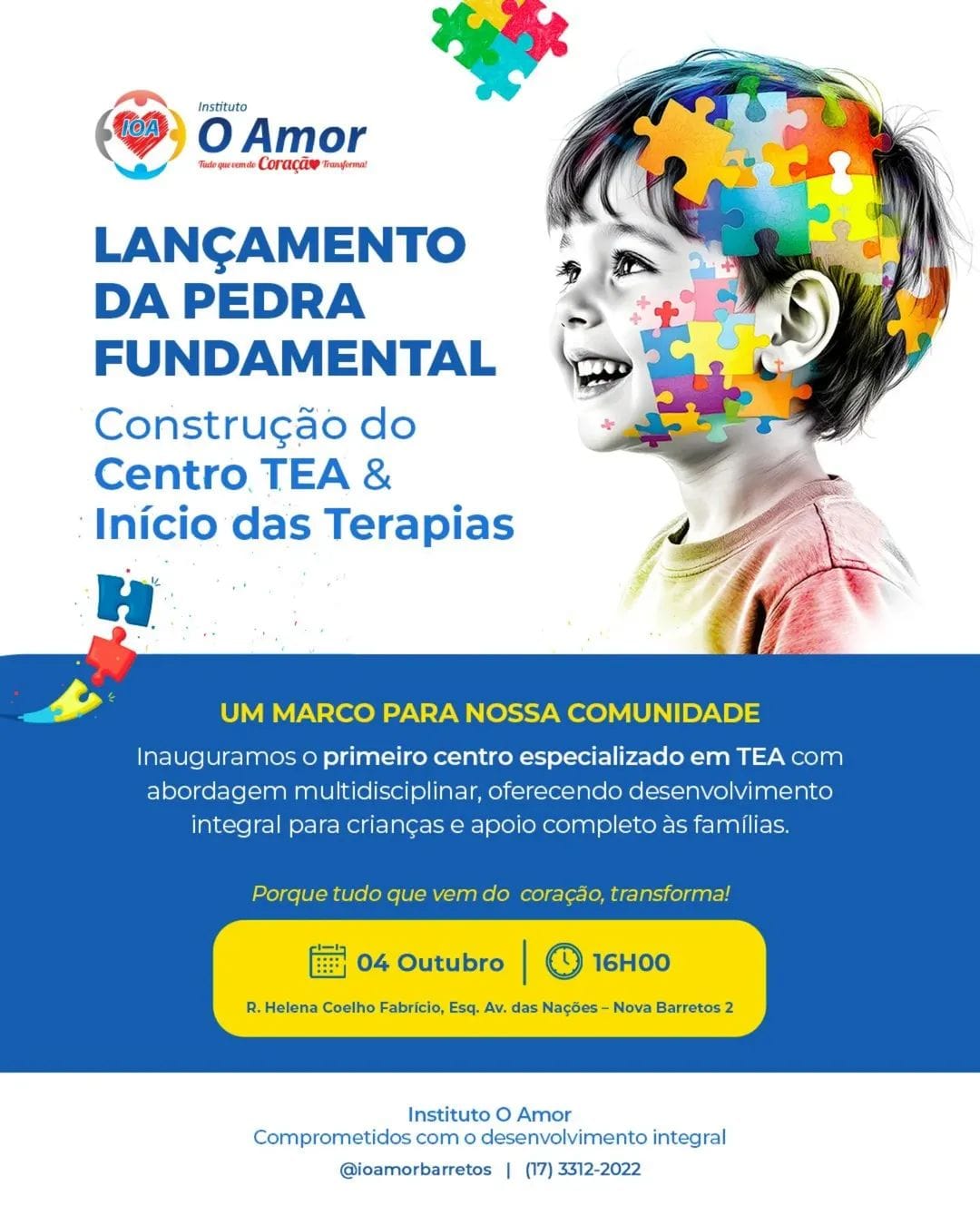 Instituto lança Pedra Fundamental e inaugura Centro TEA no início de outubro