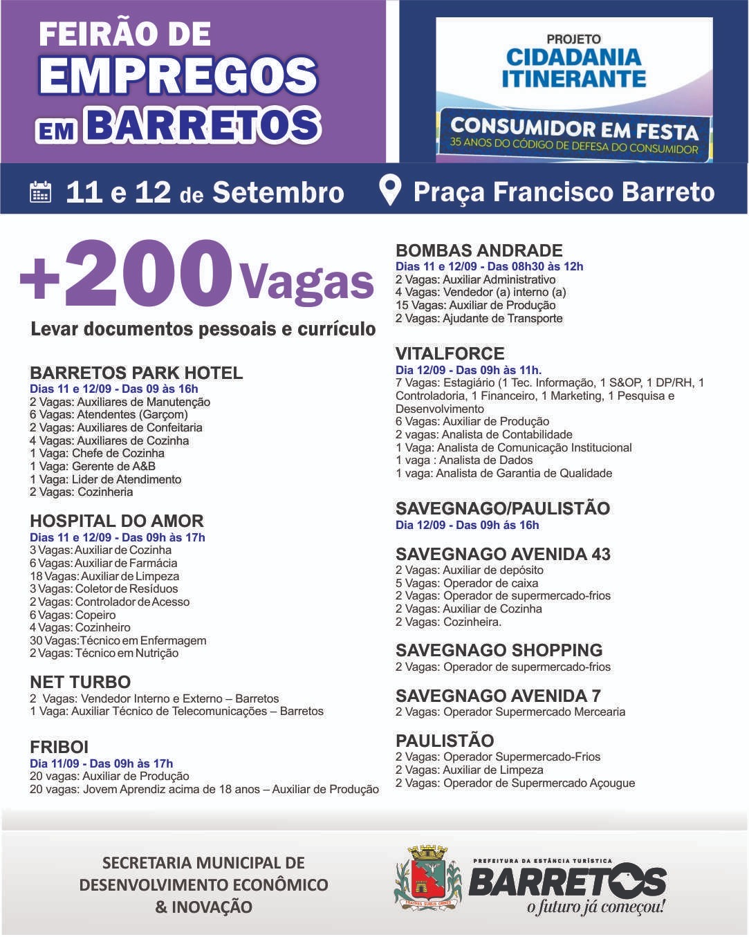 Feirão de Empregos do Projeto Cidadania Itinerante oferece mais de 200 vagas nesta quinta e sexta-feira em Barretos