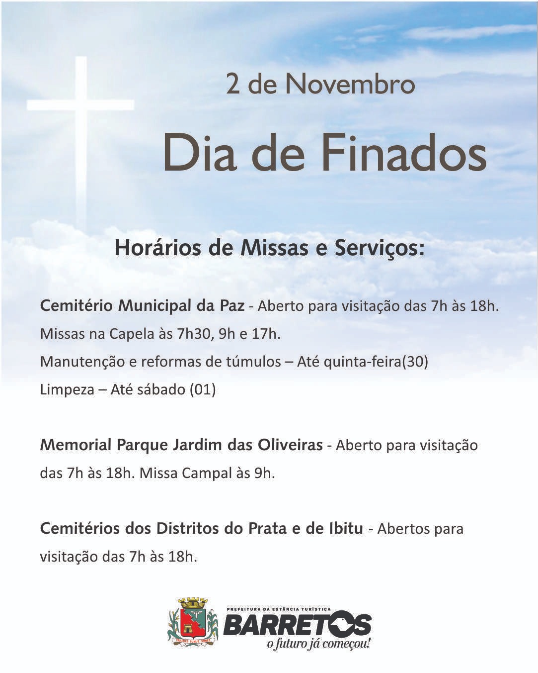 Prefeitura divulga horário de visitação e missas no Cemitério Municipal da Paz no Dia de Finados