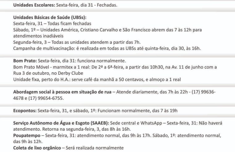 Ponto facultativo alterará funcionamento de serviços municipais na sexta-feira, dia 31