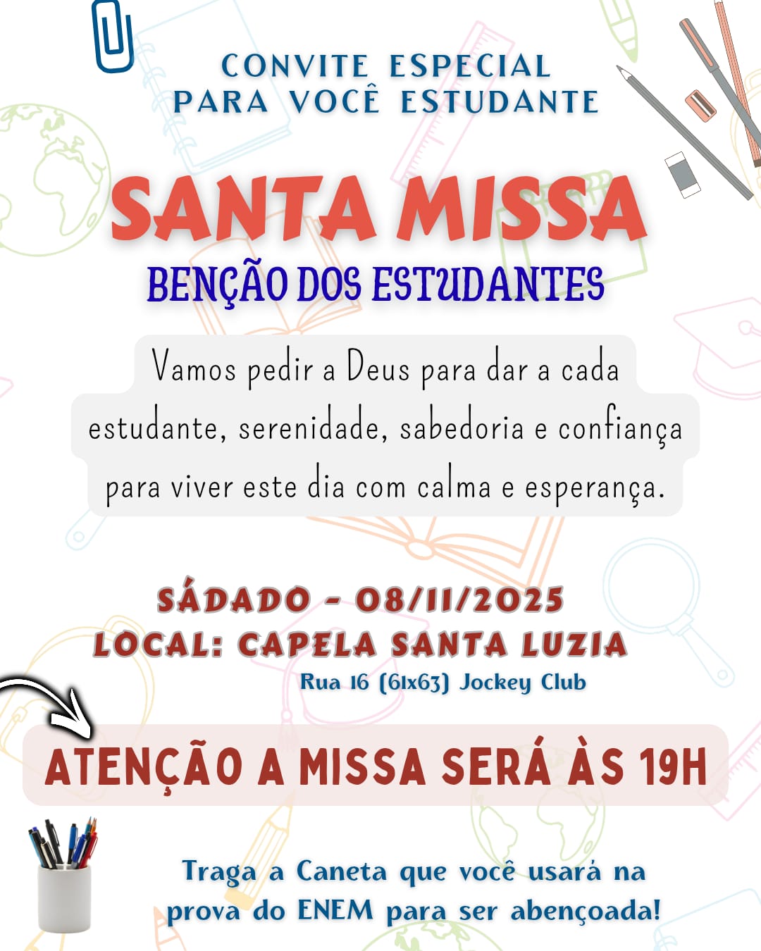 Capela Santa Luzia agenda missa de bênção dos estudantes