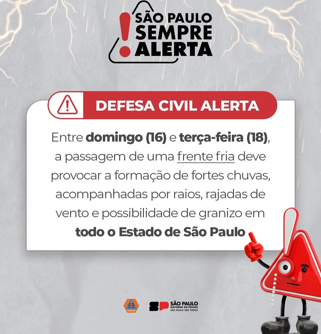Defesa Civil alerta para chuvas fortes, raios e ventos de mais de 70 km/h