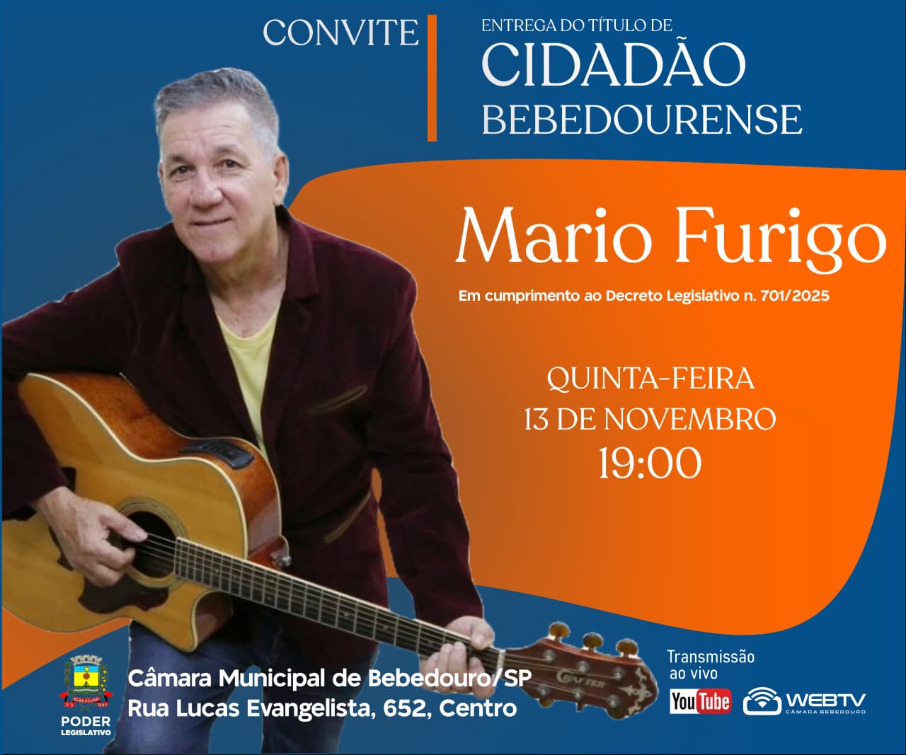 Músico Mário Furigo receberá título de cidadania bebedourense nesta quinta-feira