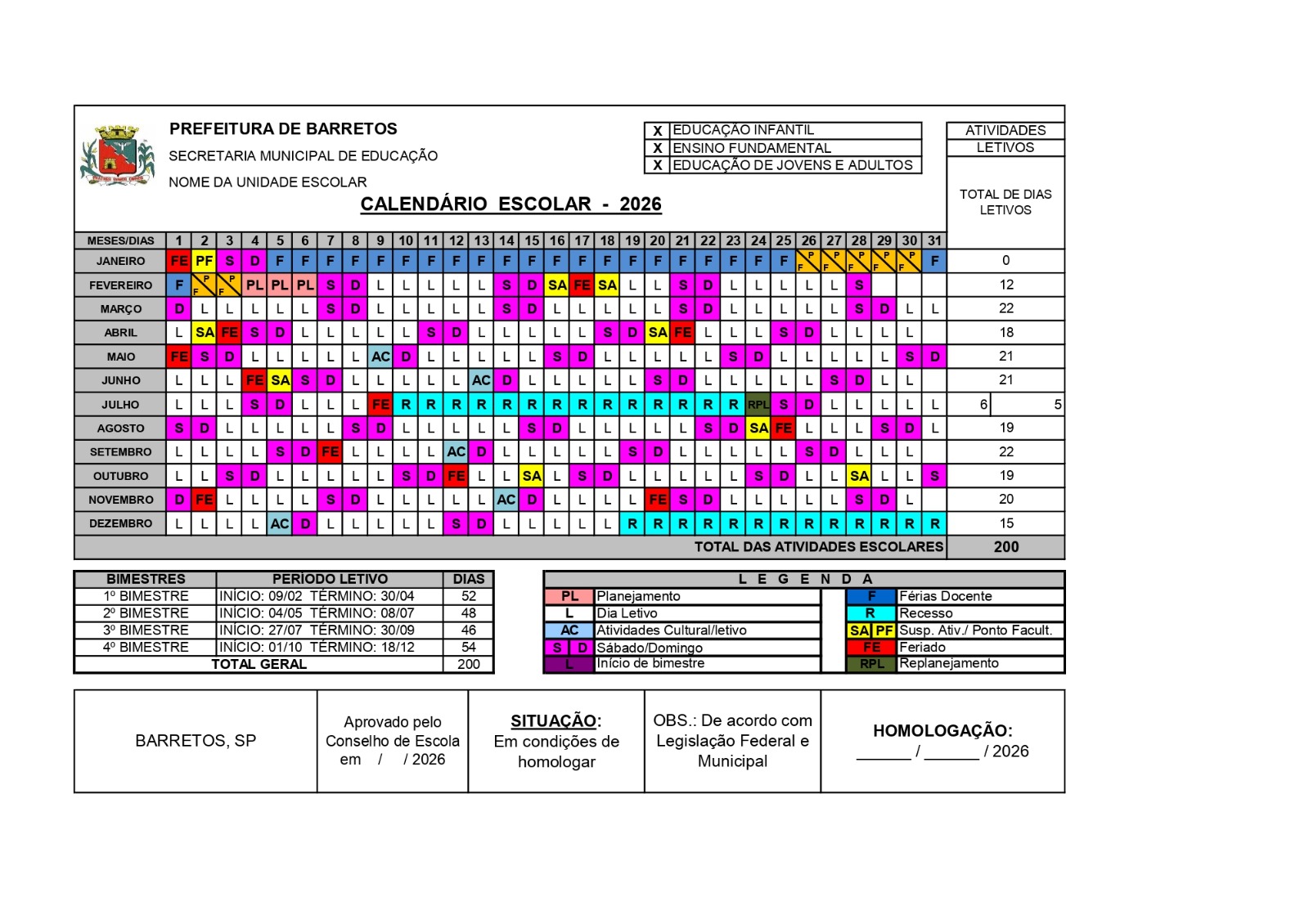 Secretaria Municipal de Educação divulga Calendário Escolar 2026