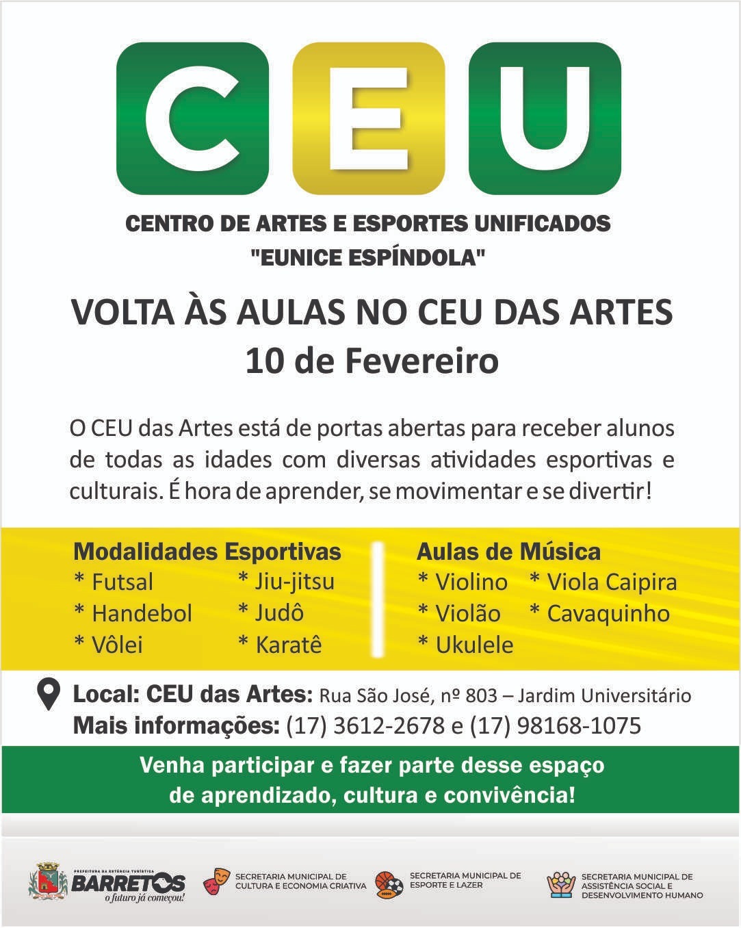 Matrículas para atividades no CEU das Artes começam no dia 10