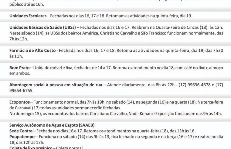 Prefeitura de Barretos divulga o que abre e fecha no Carnaval 2026