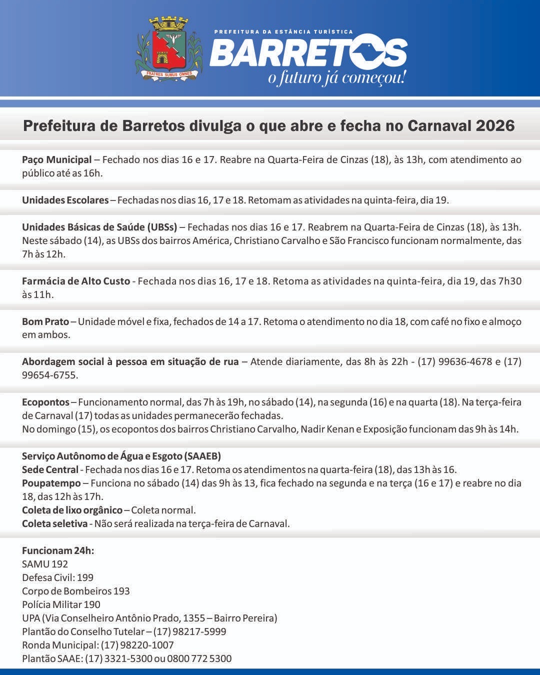 Prefeitura de Barretos divulga o que abre e fecha no Carnaval 2026