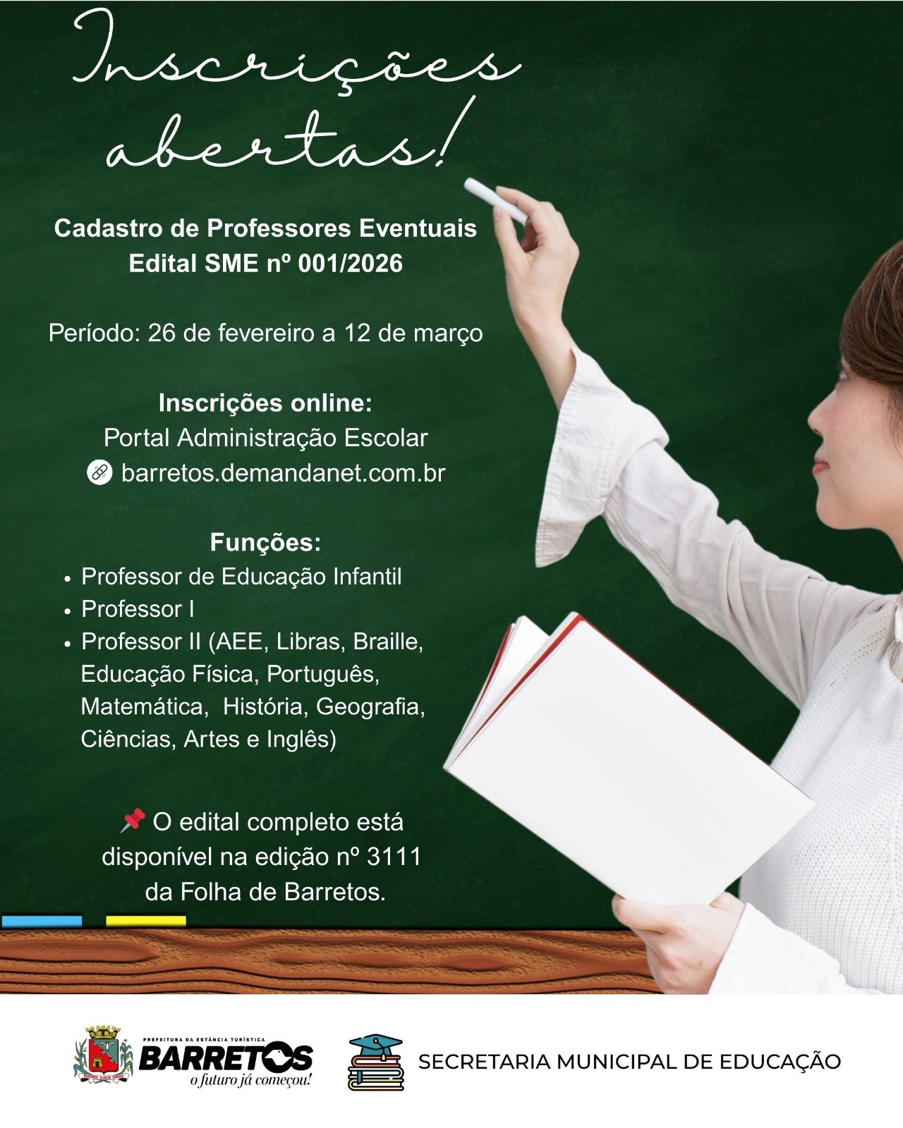 Prefeitura de Barretos abre inscrições para Cadastro Reserva de Professores Eventuais