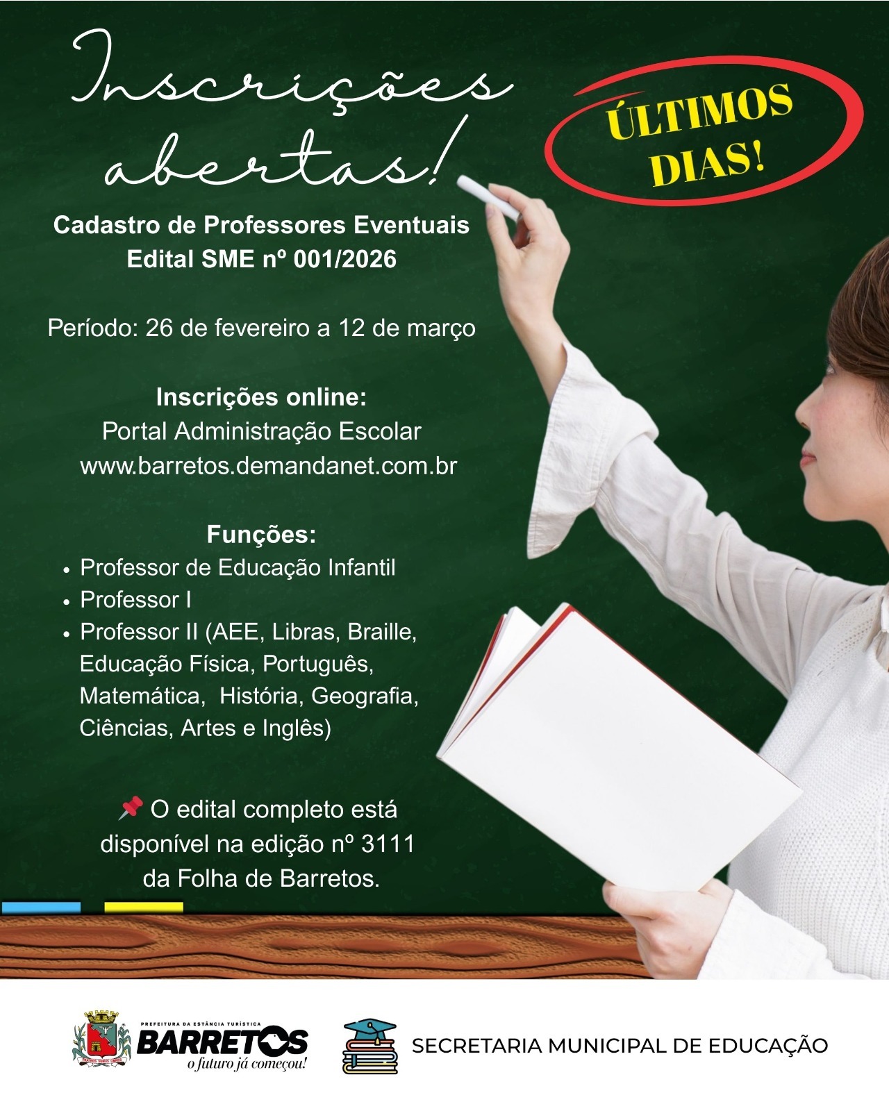 Inscrições para cadastro de professores eventuais em Barretos terminam nesta quinta (12)