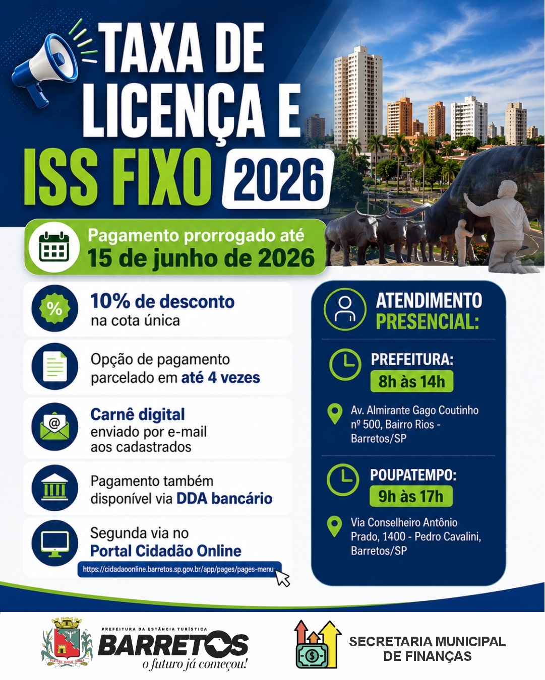 Prefeitura de Barretos prorroga para 15 de junho os vencimentos da Taxa de Licença e ISS Fixo 2026