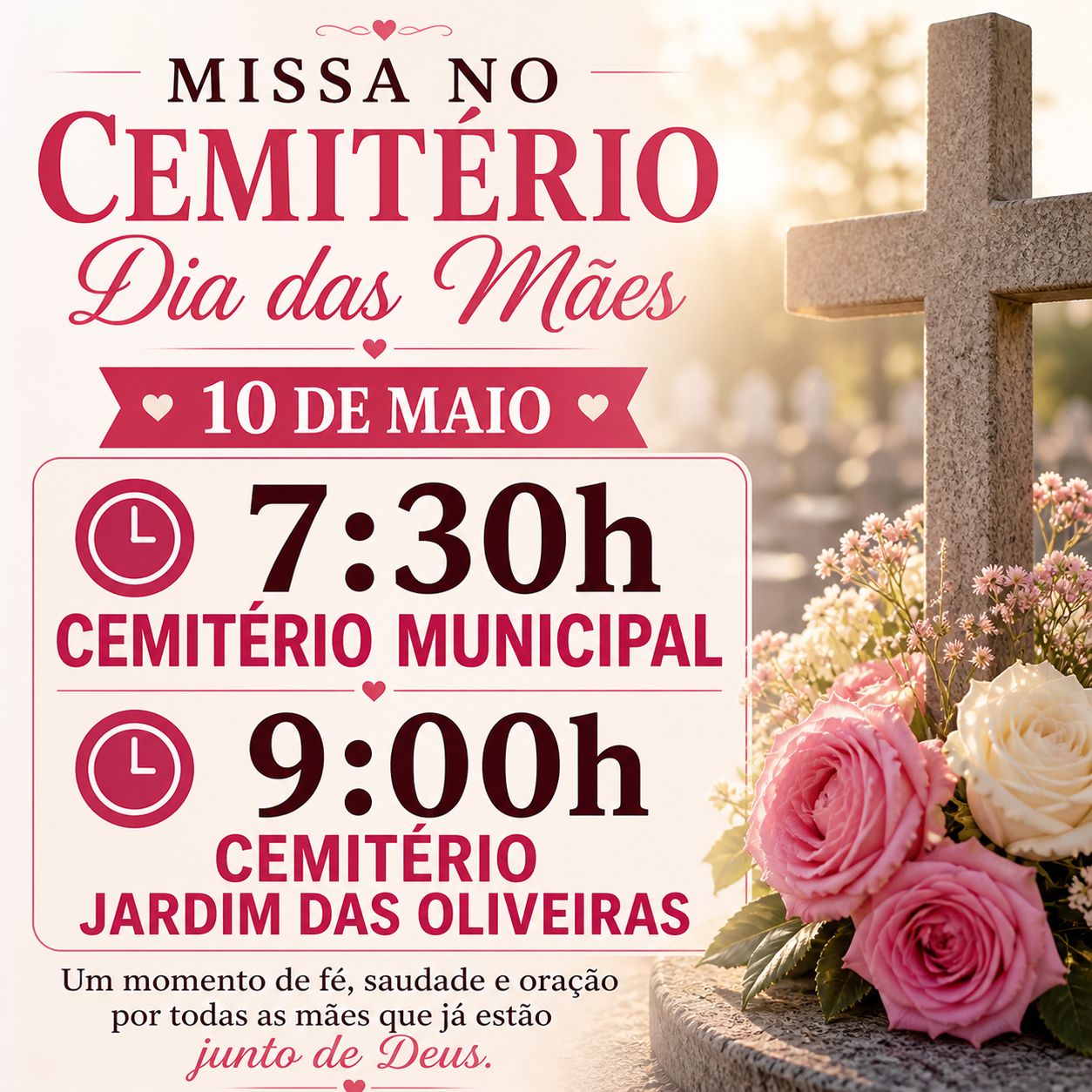 Missas do Dia das Mães serão celebradas nos cemitérios no próximo domingo