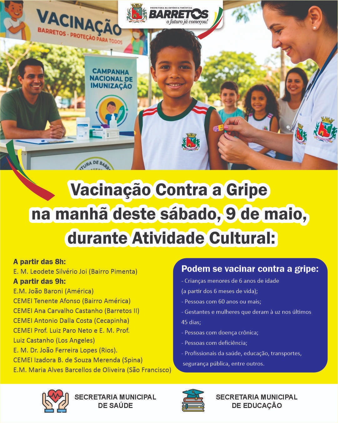 Vacinação contra gripe e outras doenças será realizada em vários CEMEIs e em duas escolas neste sábado, dia 9