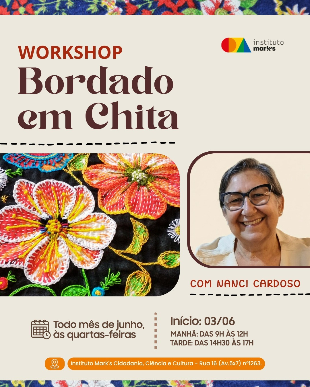 Instituto Mark’s promove Workshop de Bordado em Chita durante todo o mês de junho
