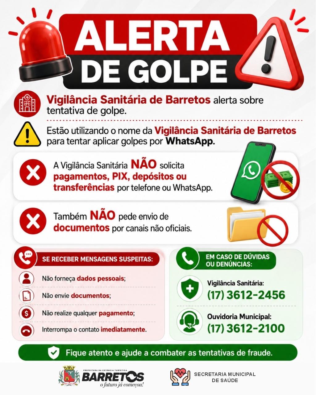 Vigilância Sanitária de Barretos alerta população sobre tentativa de golpe por WhatsApp