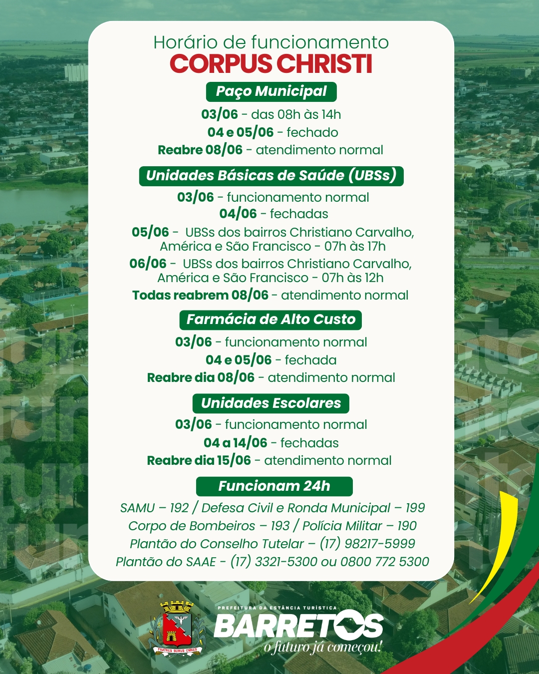 Prefeitura divulga funcionamento de serviços no feriado prolongado de Corpus Christi