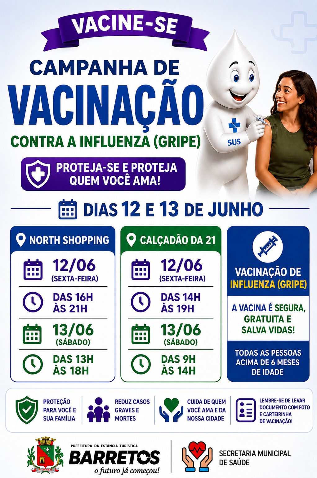 Vacinação contra gripe será realizada no Calçadão da 21 e no Shopping nesta sexta e no sábado, dias 12 e 13