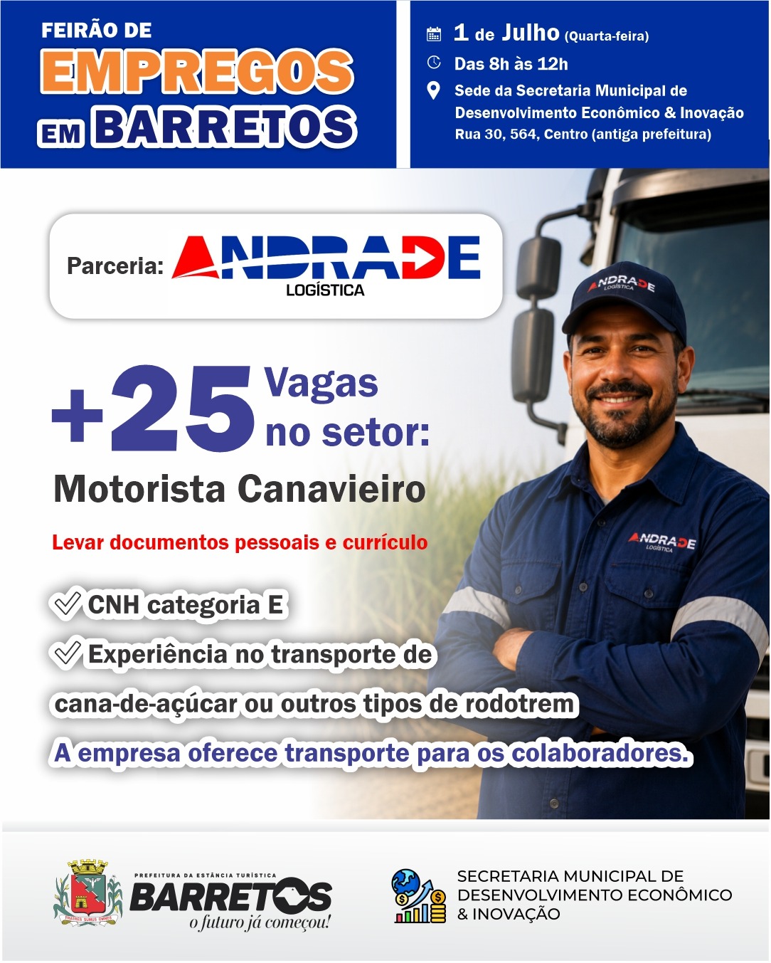 Feirão de Empregos oferece 25 vagas para motorista canavieiro nesta quarta, dia 1º