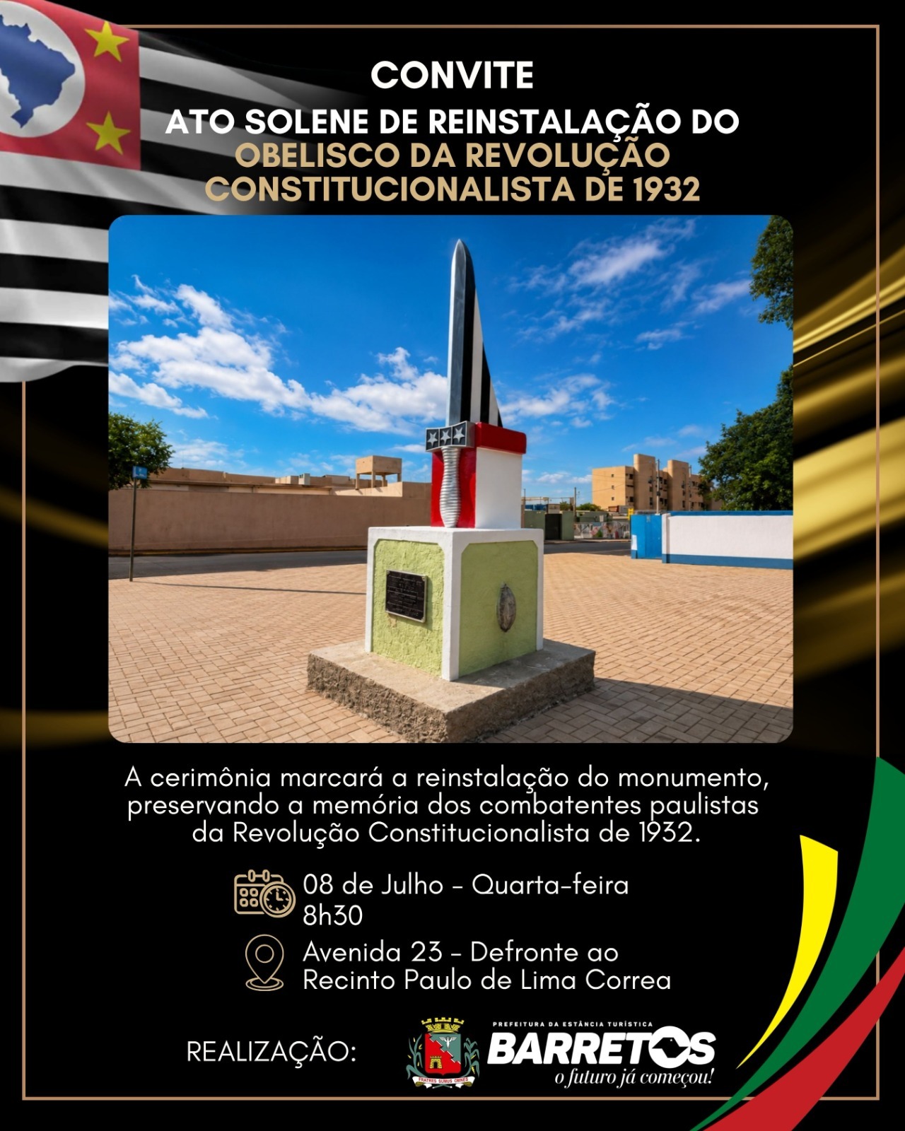 Prefeitura de Barretos realiza solenidade de reinstalação do Monumento à Revolução Constitucionalista de 1932 nesta quarta-feira (8)